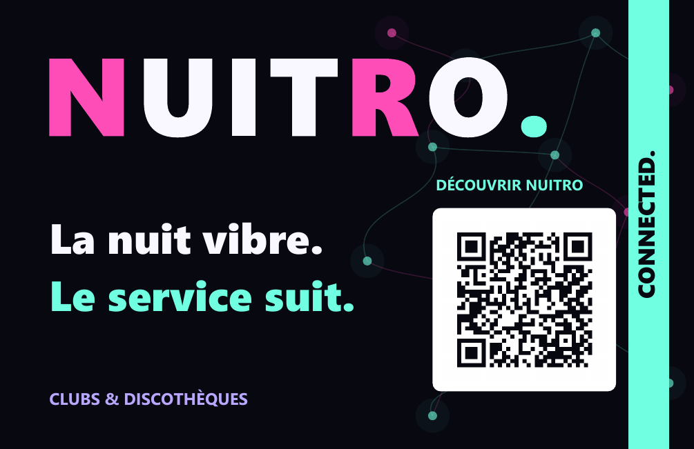 Carte C Connexions : CONNECTED. vertical dans la bande menthe, baseline NUITRO en grand, QR vers le site et graphisme de connexions roses et menthe