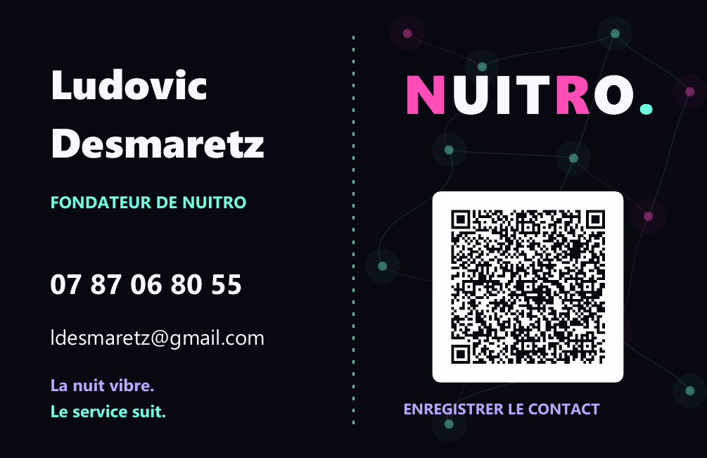 Verso C Connexions avec pointillés au centre, Fondateur de NUITRO et QR contact