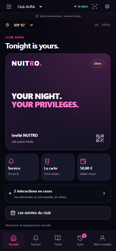 L’accueil mobile actuel de NUITRO avec carte membre, services, suivi et soirées du club