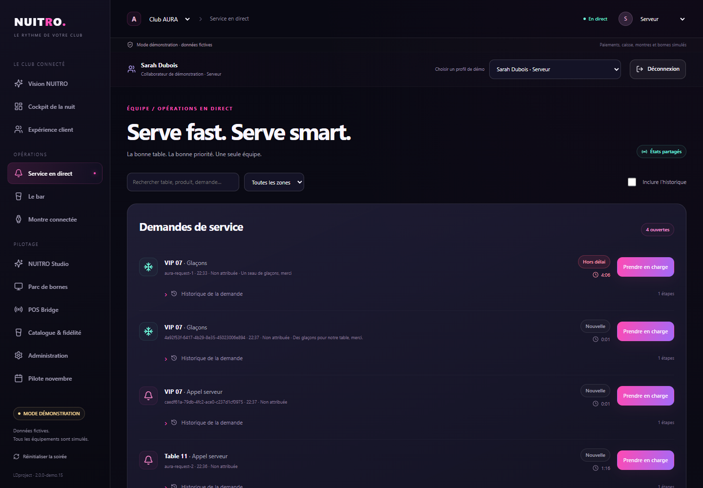 L’espace équipe NUITRO avec file de demandes et suivi des commandes