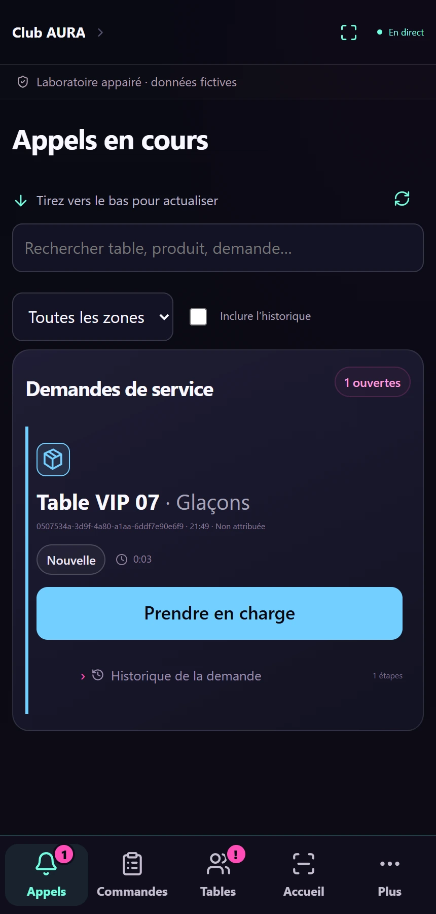 Liste des appels de tables dans l’interface Staff NUITRO du démonstrateur